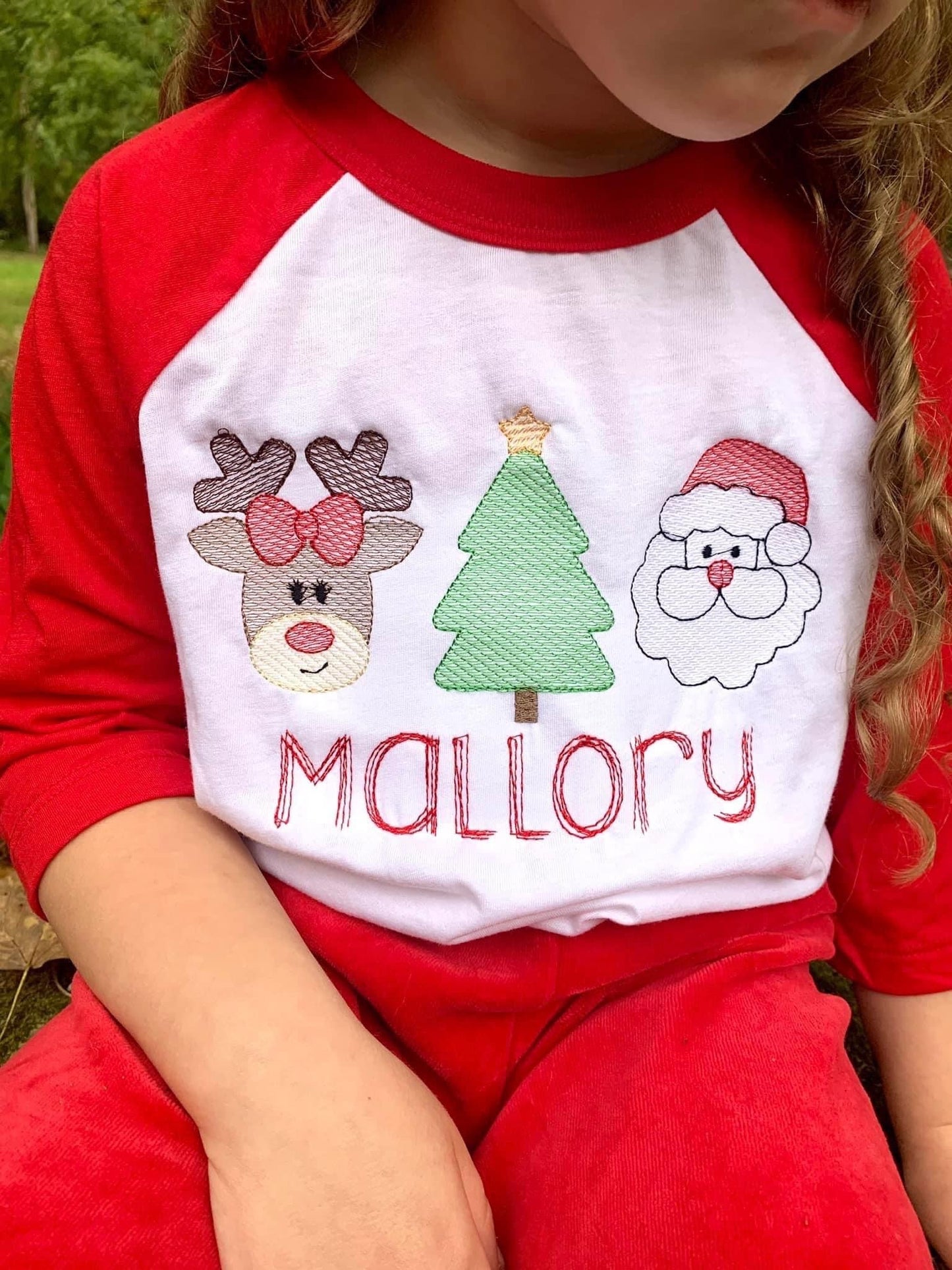 Embroidered Christmas Trio on White/Red Raglan Tee