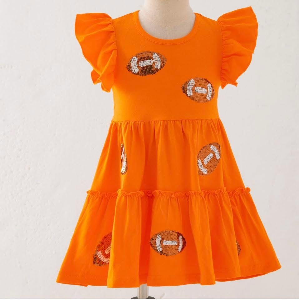 Sequin Football Girls Dress By Clover Cottage (Orange)