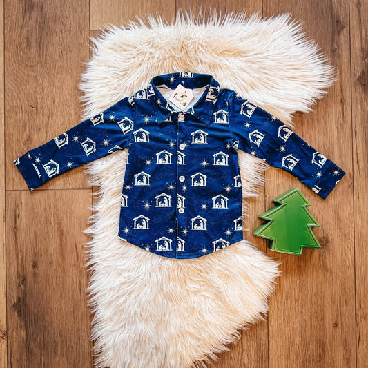 White Nativity Button Up Shirt By TwoCan