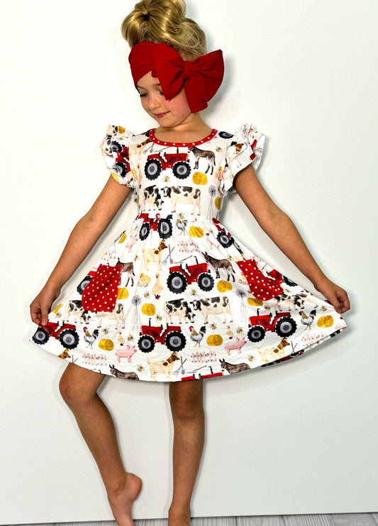 Red Tractor Dress by Clover Cottage