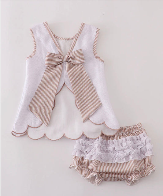 Brown & White Seersucker Ruffle Bloomer Set