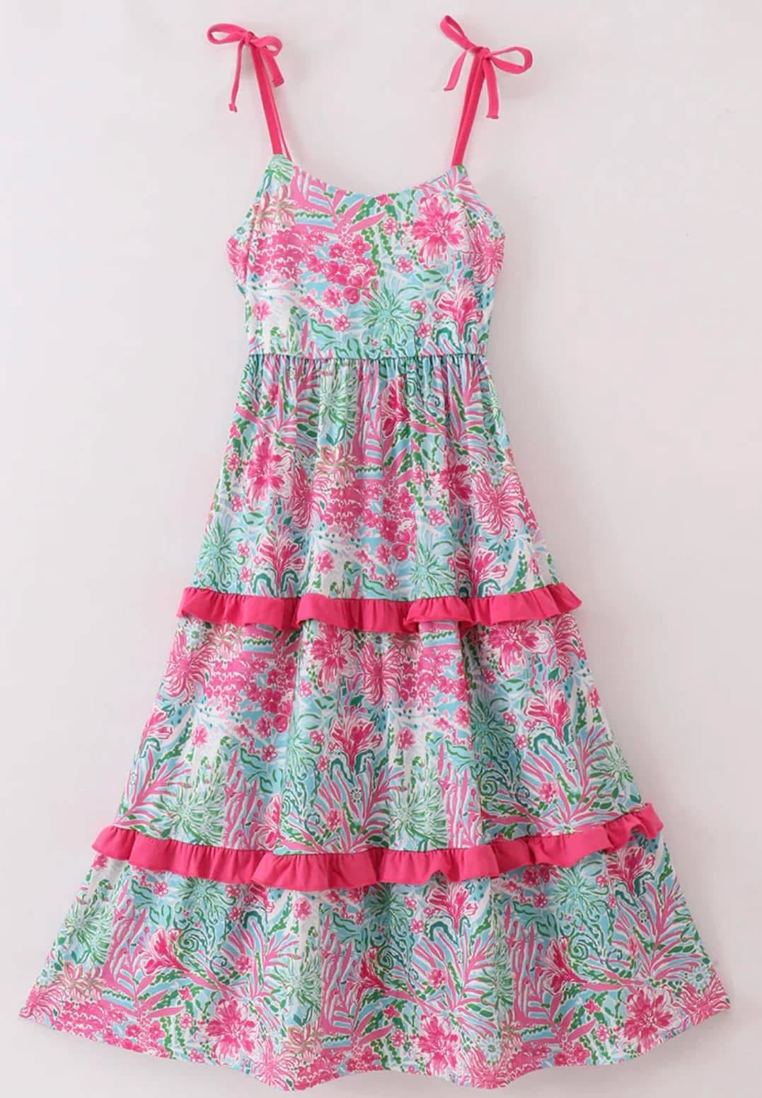 Pink Palm Paradise Print Tiered Mom Dress