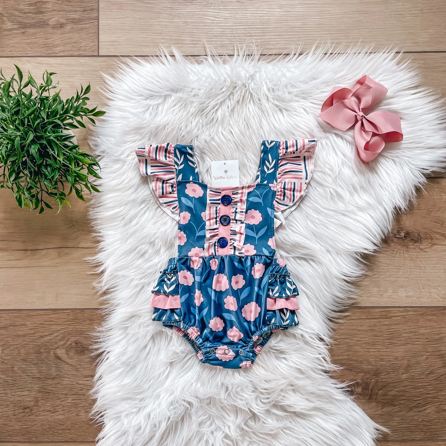 Pink Flowers With Leaves Bubble Infant Romper By Wellie Kate