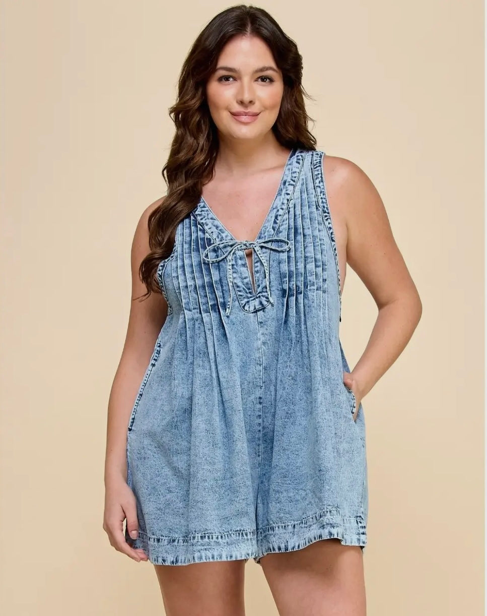 Veveret Plus Size Front Pleated V Neck Sleeveless Denim Romper
