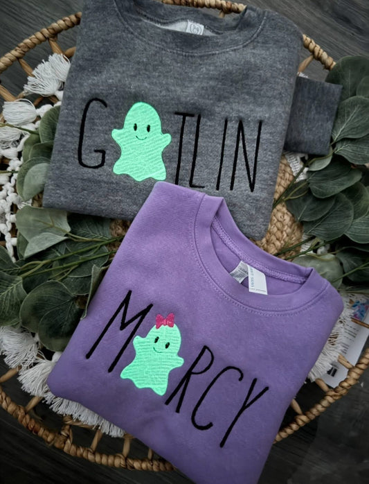 Embroidered Name With Glow In The Dark Ghost - T-Shirt