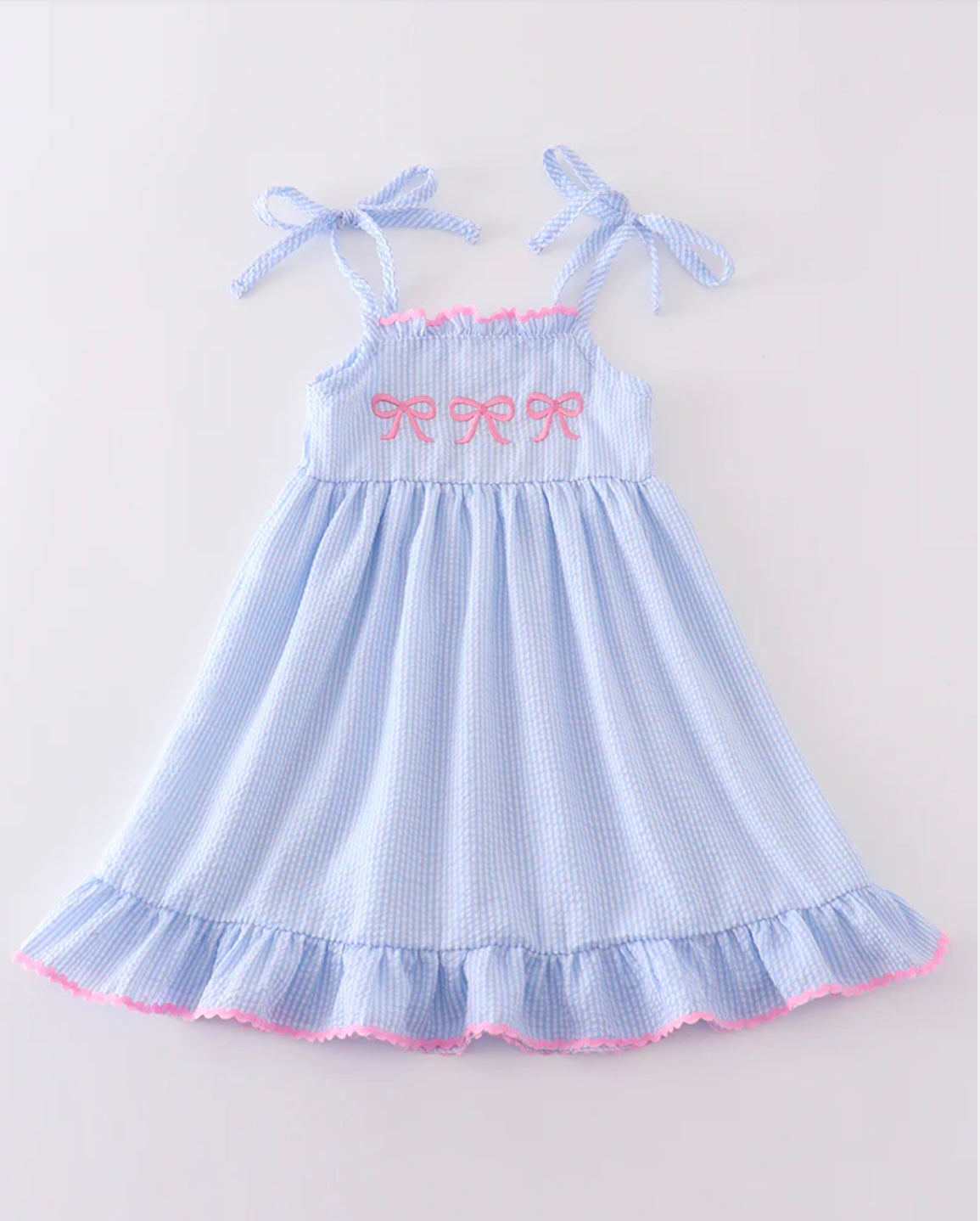 Blue Seersucker Bow Embroidered Dress