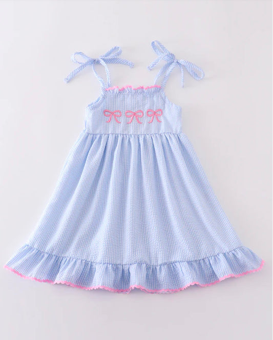 Blue Seersucker Bow Embroidered Dress