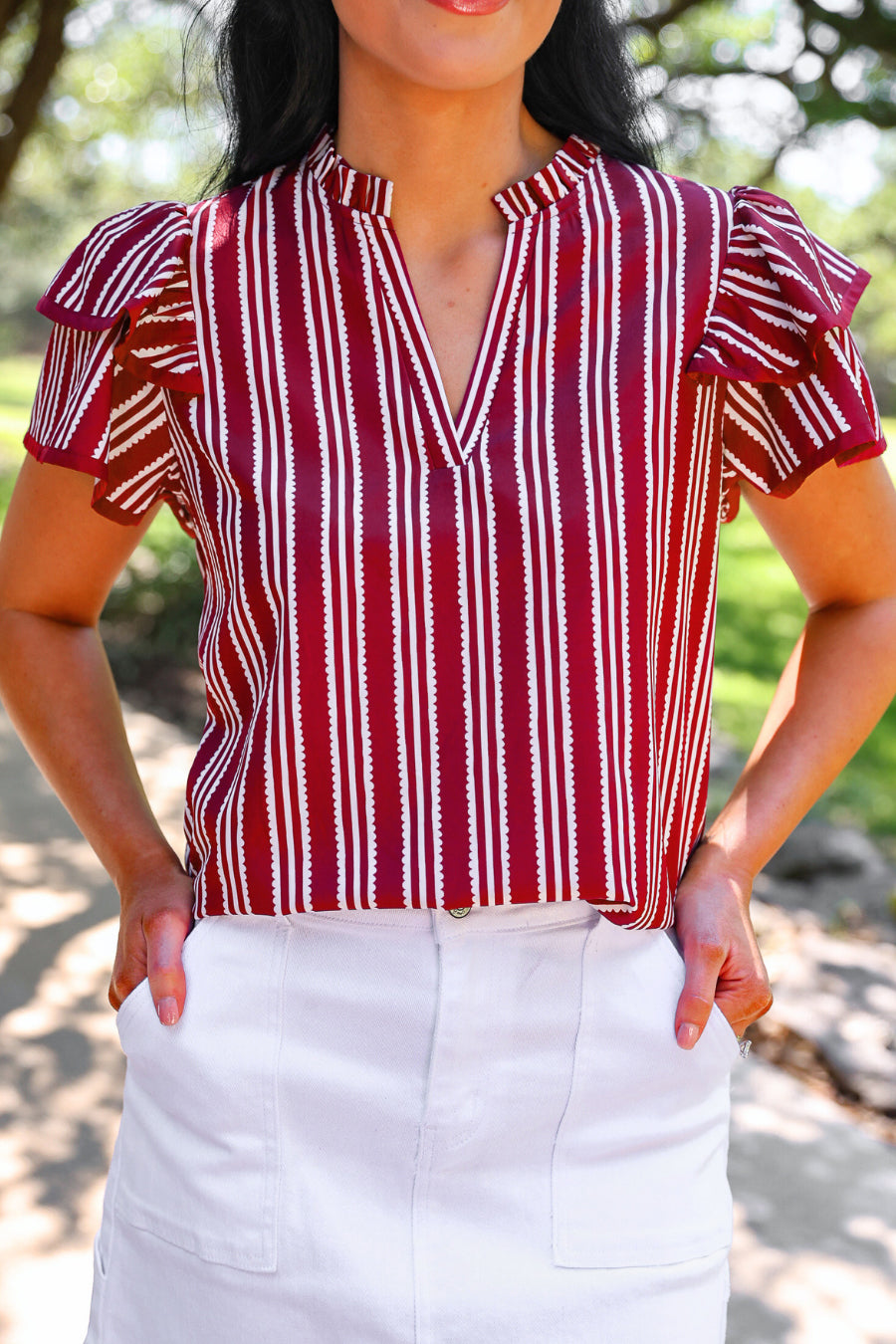 PREORDER- Layla Striped Flutter Sleeve Blouse- Maroon