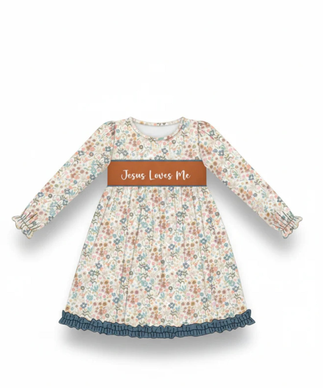 Jesus Loves Me Embroidered Floral Ruffle Dress By Honeydew