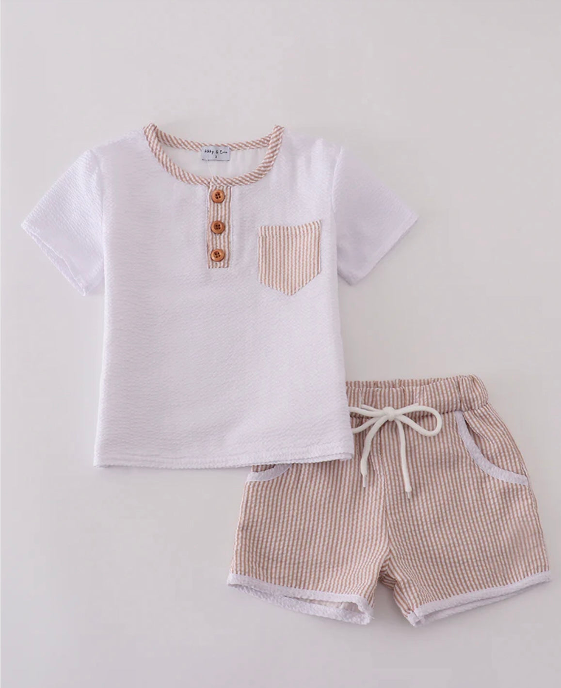 Brown & White Seersucker Stripe Shorts Set