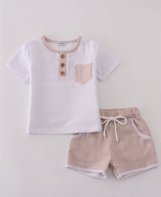 Brown & White Seersucker Stripe Shorts Set