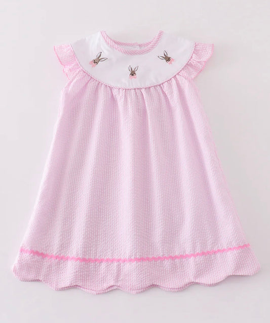 Premium Pink Stripe Bunny Embroidered Dress