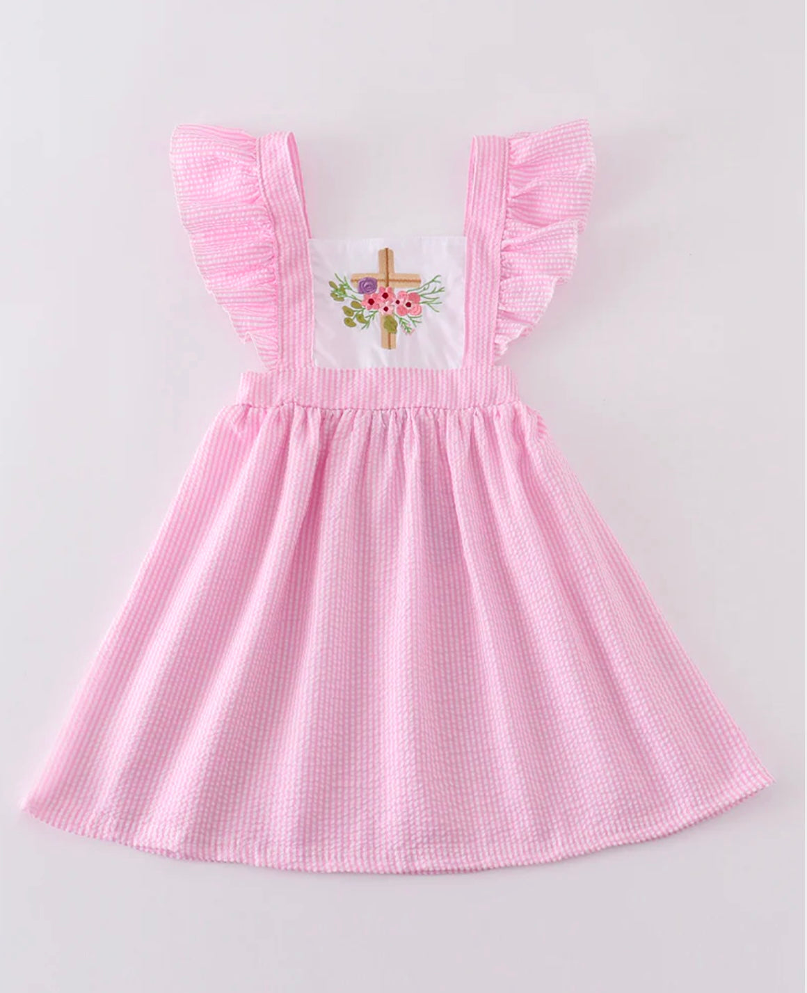 Pink Seersucker Cross Floral Embroidered Dress