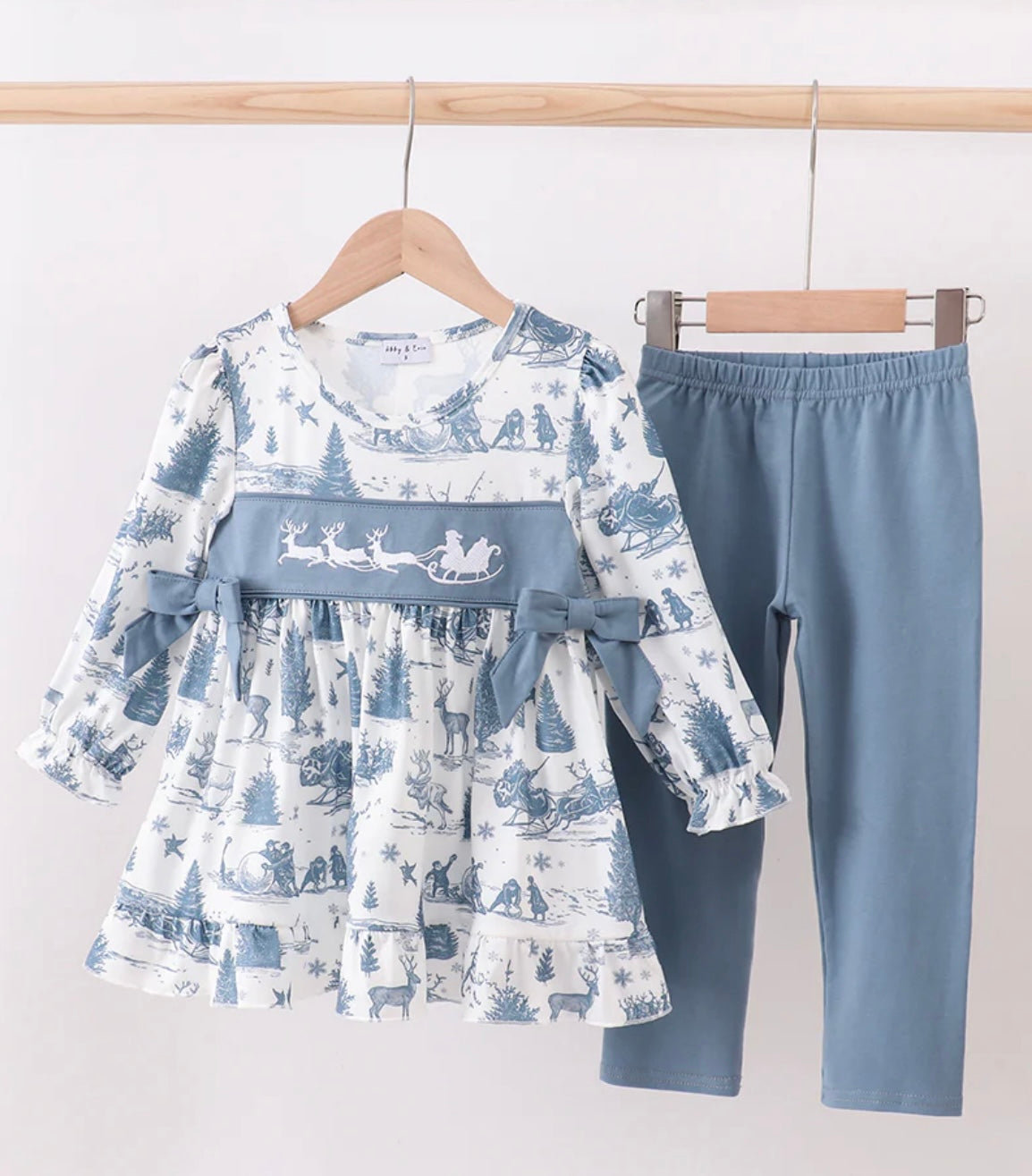 Blue Christmas Reindeer Embroidered Pants Set By Honeydew