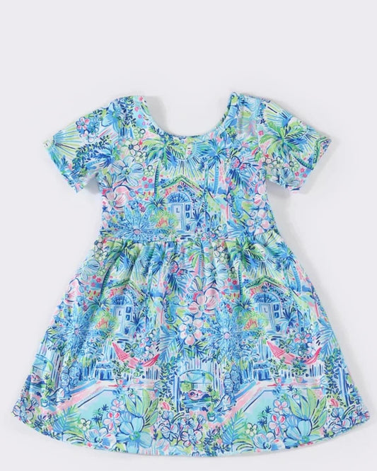 Blue Garden Print Dress by HoneyDew