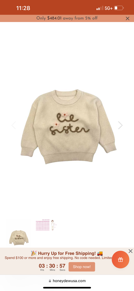 Lil Sister Hand Embroidered Sweater by Honeydew