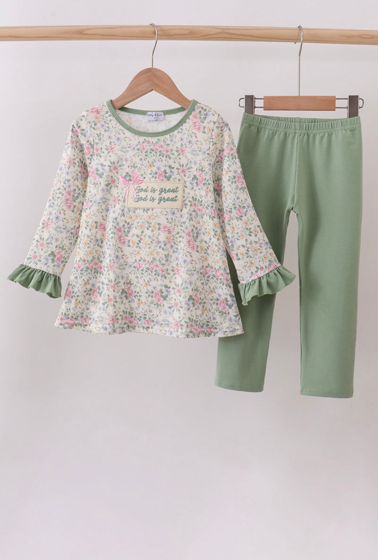 Green Floral God is Great Ruffle Pants Set