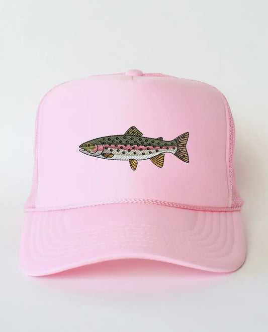 Rainbow Trout Embroidered Trucker Hat (Pink Foam)