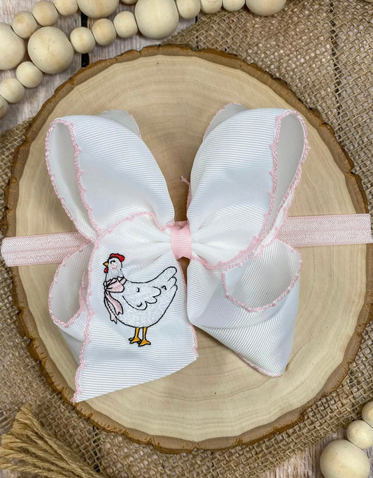 Chicken Embroidered Moonstitch Hair Bow (Headband)