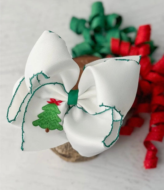 Christmas Tree Embroidered Hair Bow (Clip)