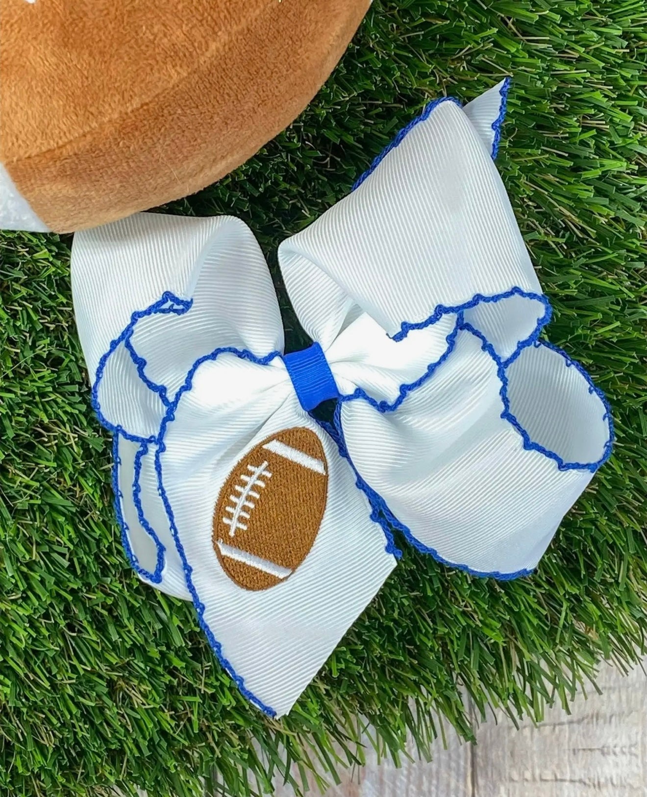 Football Embroidered Moonstitch Hair Bow (Clip) • Blue/White•