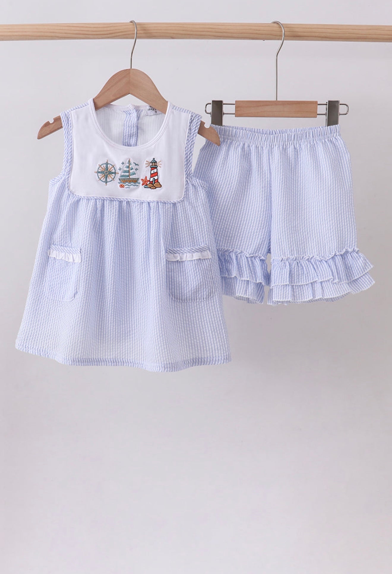 Blue Sailboat Ruffle Shorts Set