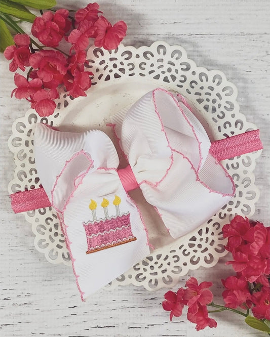 Birthday Cake Embroidered Moonstitch Hair Bow (Headband)