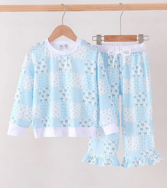 Blue Floral Bow Checkered Pants Set