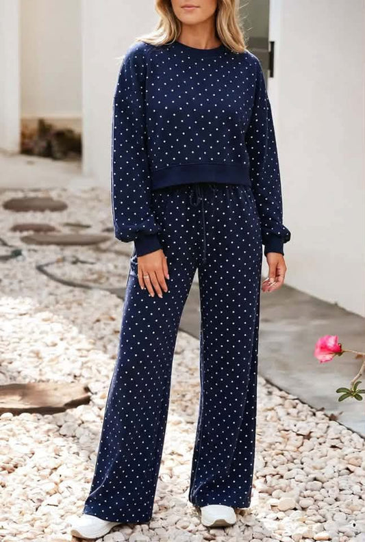 Blue Polka Dot Drawstring Wide Leg Long Sleeve Pants Set