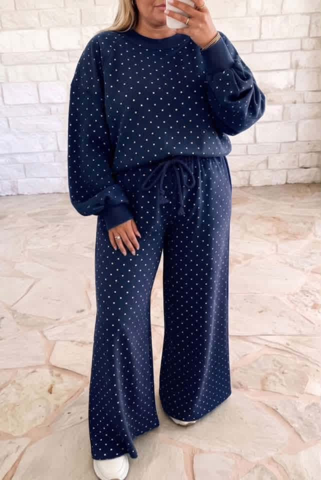 Pre-Order Blue Polka Dot Round Neck Long Sleeve Plus Size Set