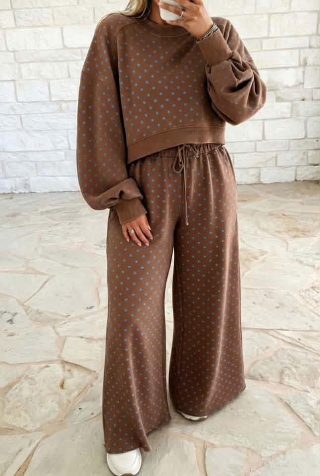 Brown Polka Dot Round Neck Long Sleeve Set
