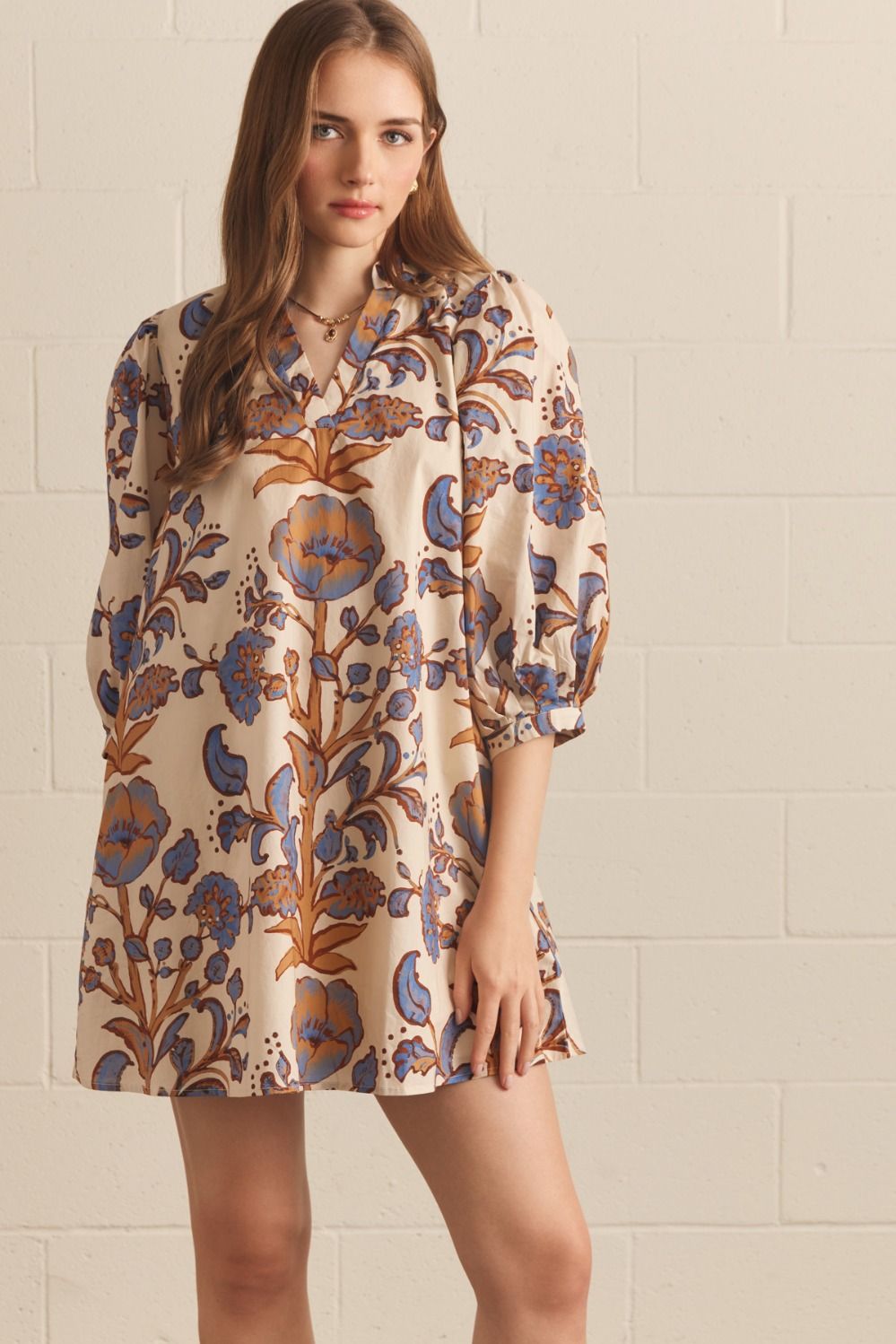 Floral Print 3/4 Length Sleeve Mini Dress By Entro
