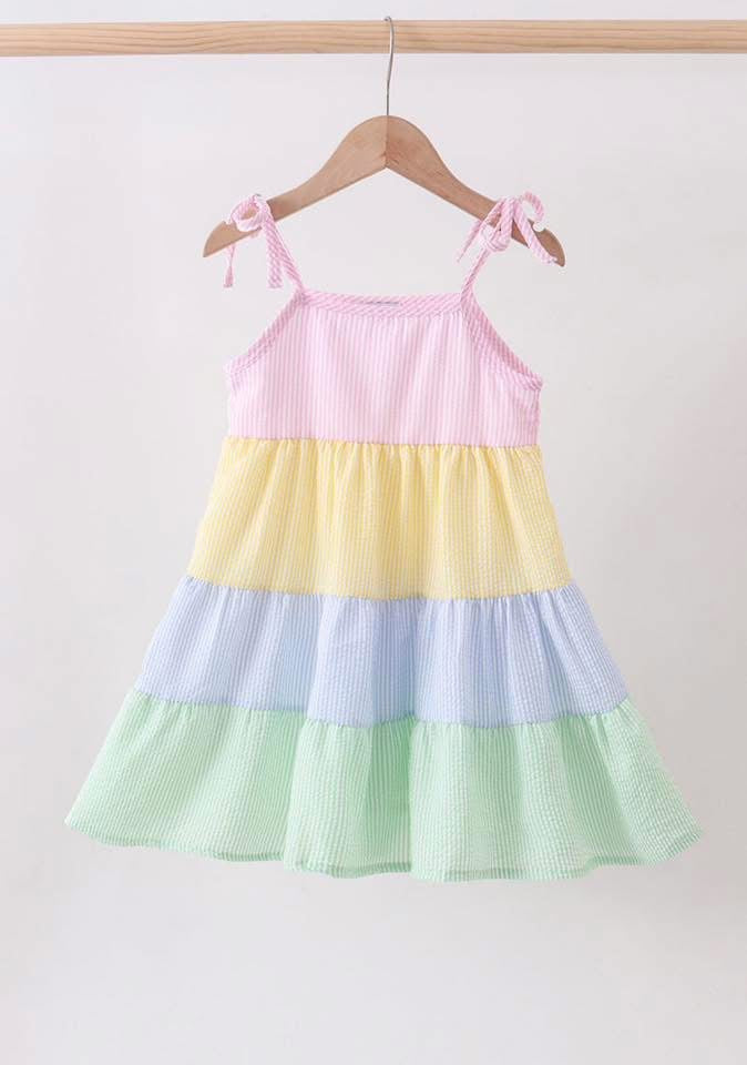 Blue Stripe Seersucker Tiered Dress