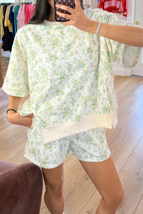 Sky Blue Floral Print Oversized Short Set
