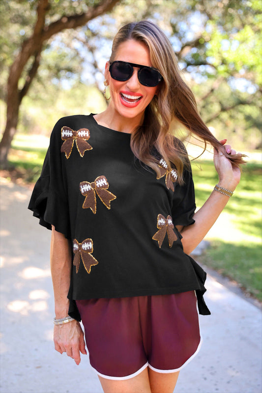 PREORDER- Sideline Sparkle Ruffle Top- Black