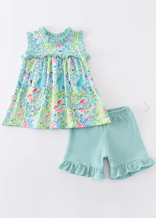 Green Floral Print Pocket Short Set by Honeydew
