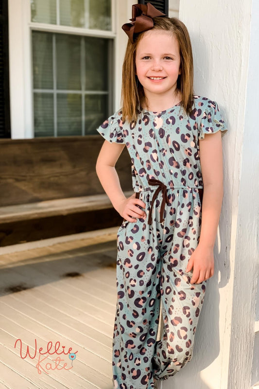 Teal Leopard V-Back Jumpsuit by Wellie Kate