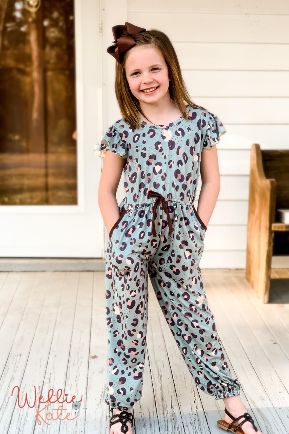 Teal Leopard V-Back Jumpsuit by Wellie Kate