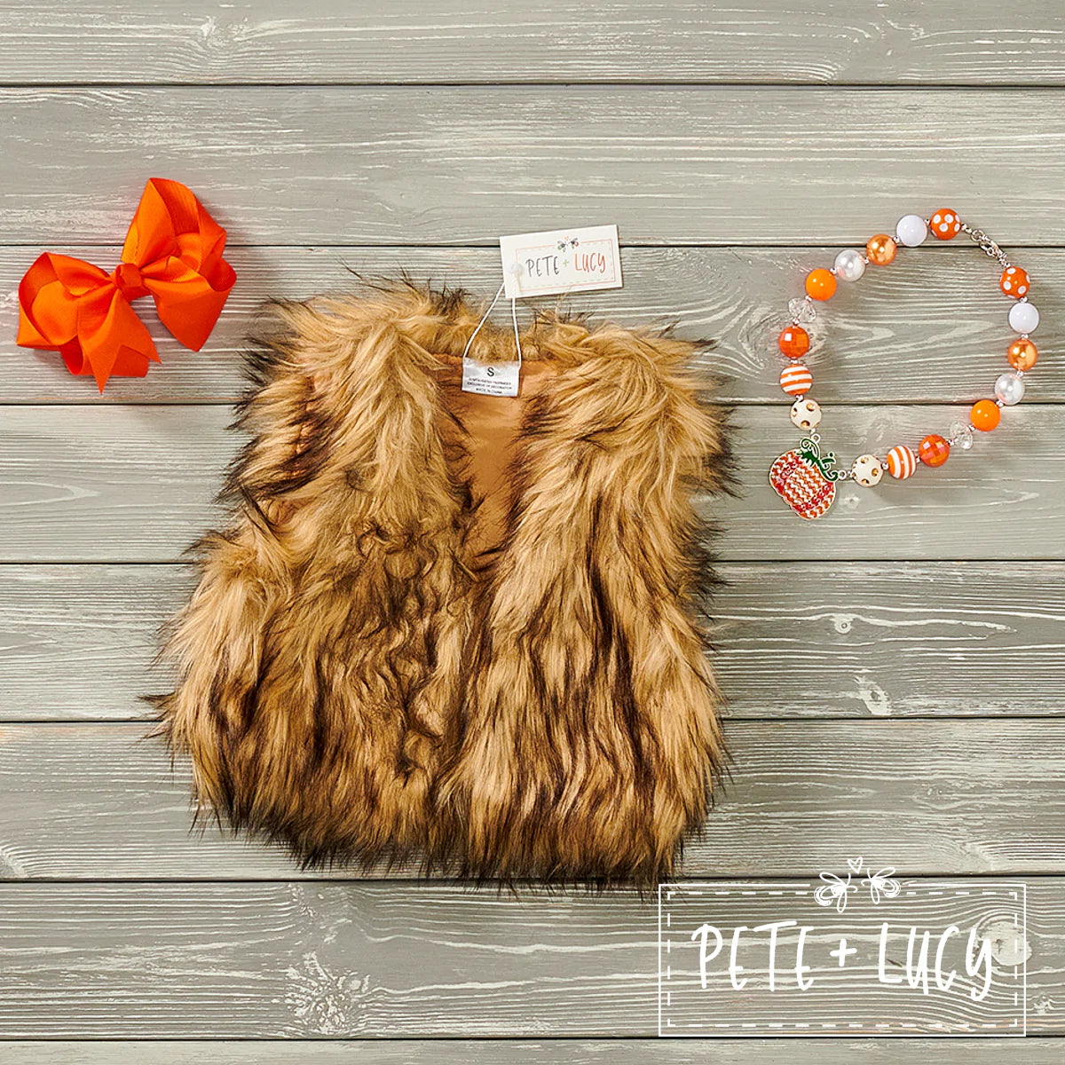 Pre-Order Denim Pumpkin Faux Fur Vest by Pete + Lucy