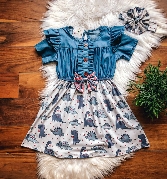 Dino Love Short Sleeve Denim Dress by TwoCan