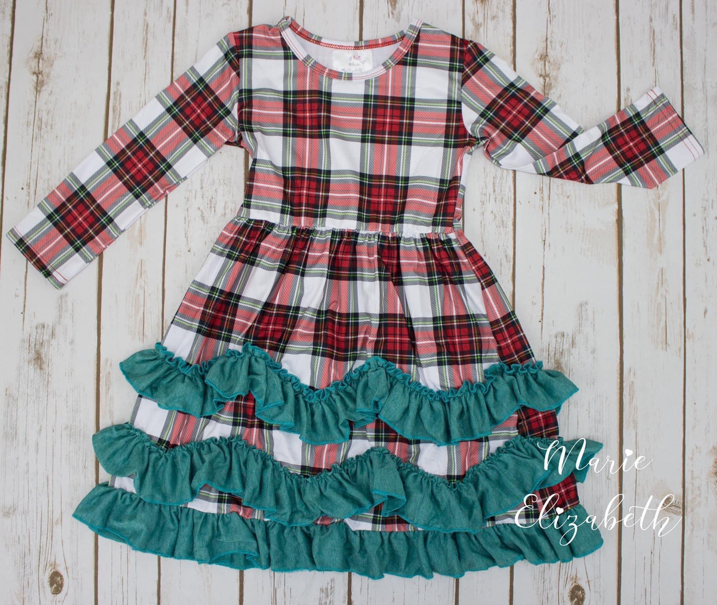 Green & Plaid Middi Length Ruffle Dress by Marie Elizabeth