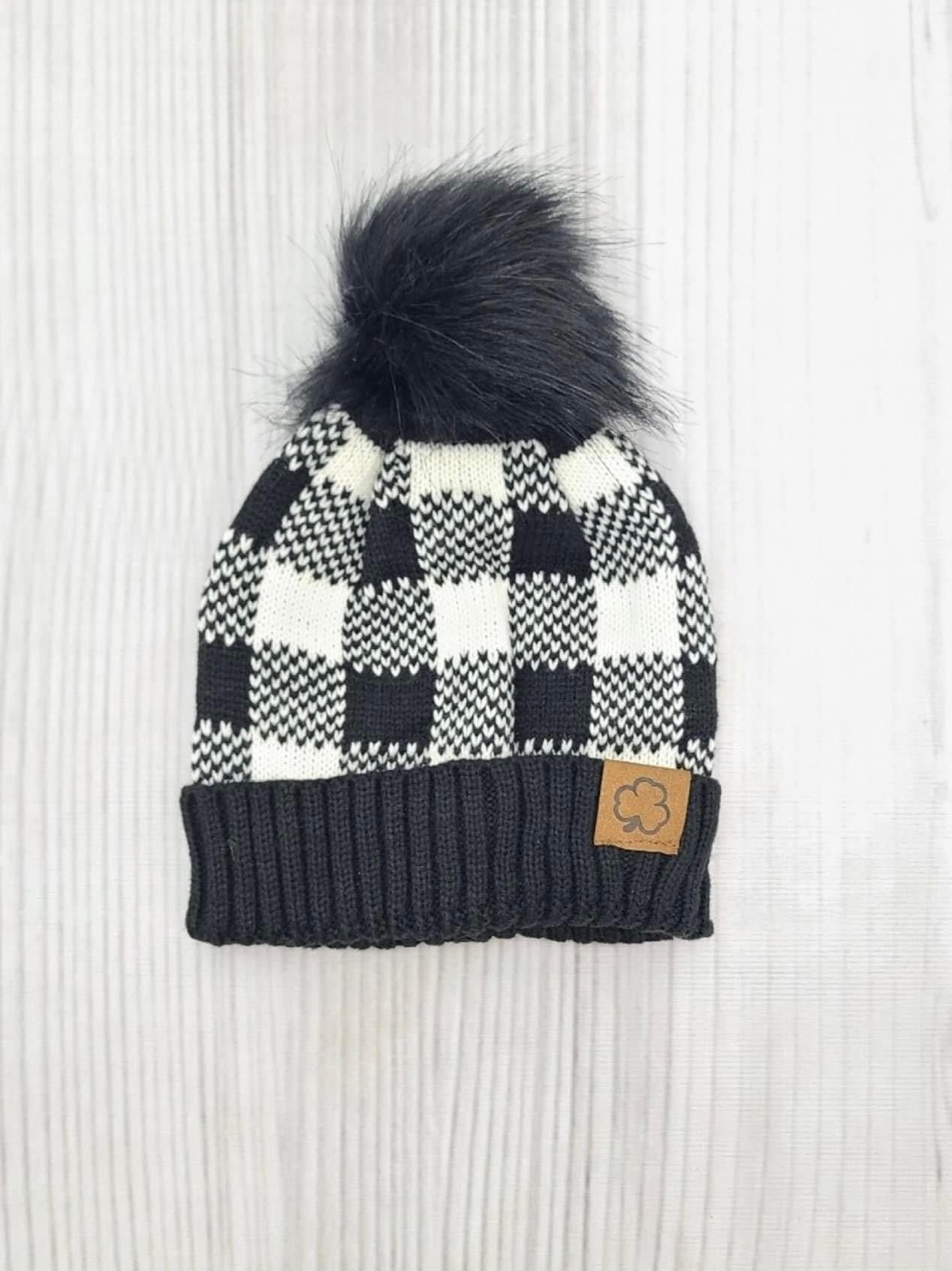 Black Plaid Pom Beanie Hat by Clover Cottage