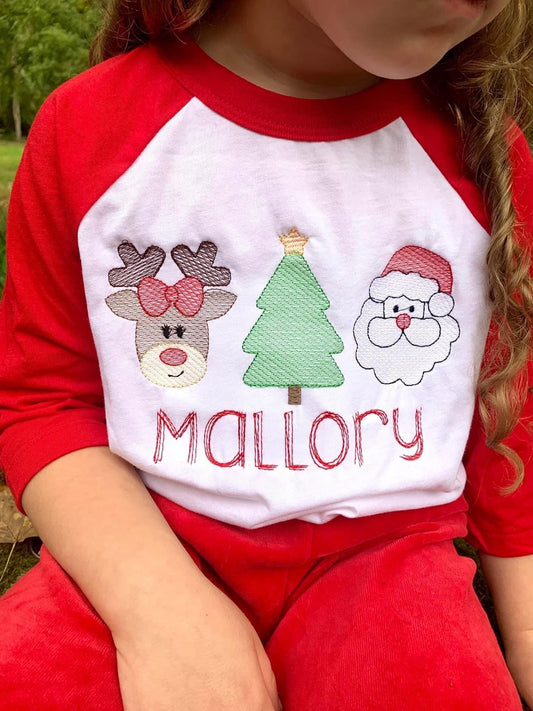 Embroidered Christmas Trio on White/Red Raglan Tee