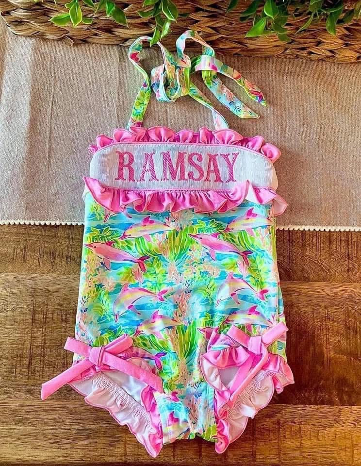 Dolphin Print Smocked One Piece