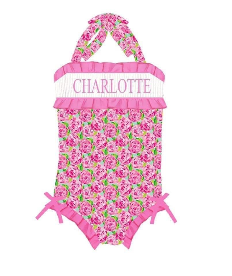 Rose Print Smocked Name One Piece