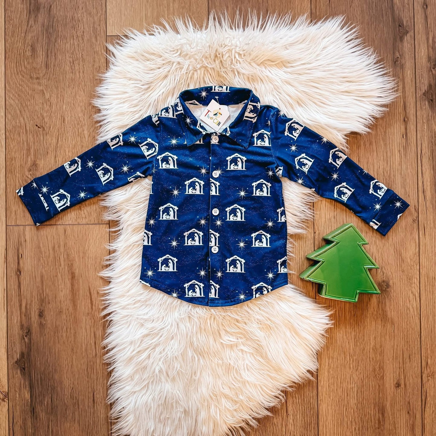 White Nativity Button Up Shirt By TwoCan