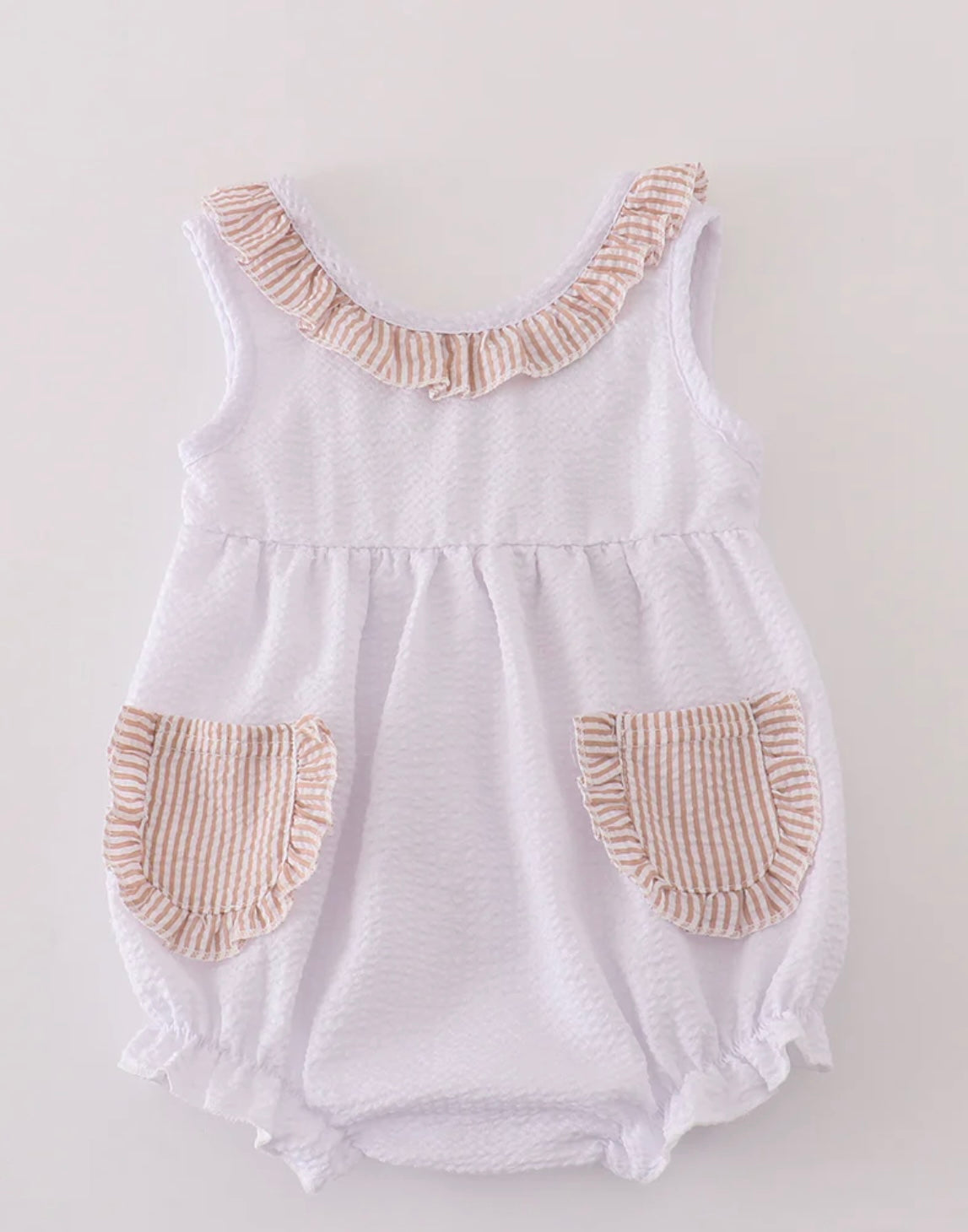 Brown & White Seersucker Ruffle Bubble