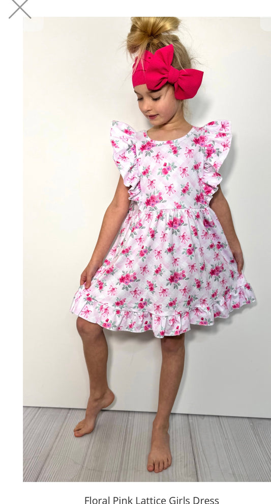 Floral Pink Lattice Girls Dress By Clover Cottage