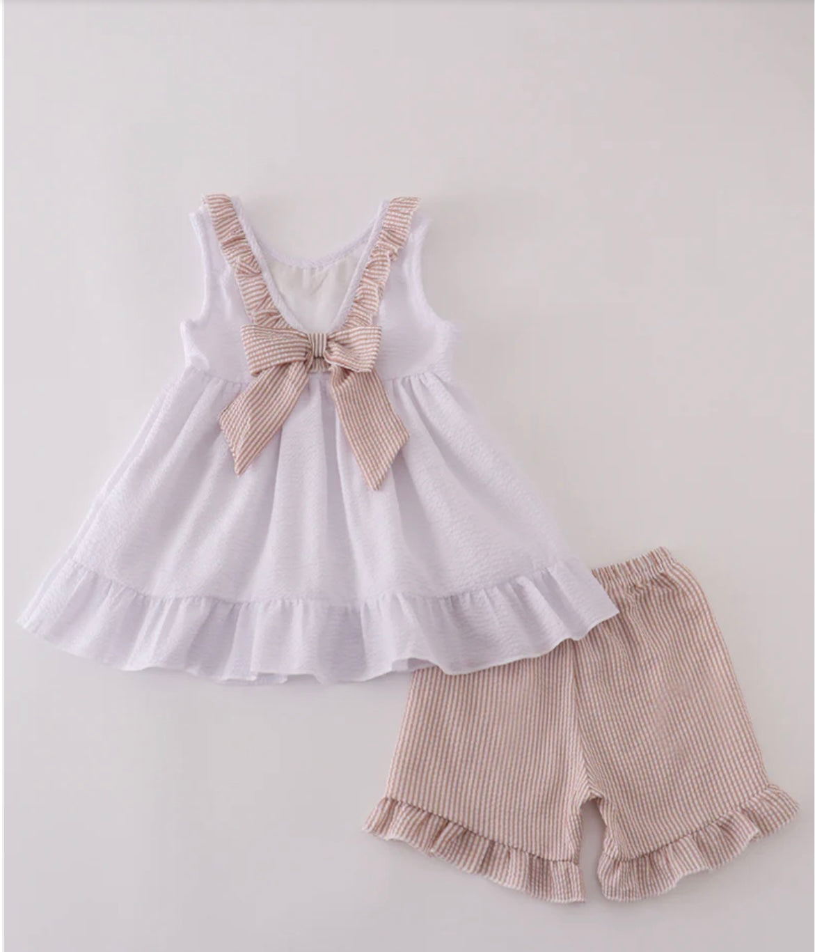 Brown & White Seersucker Stripe Ruffle Shorts Set