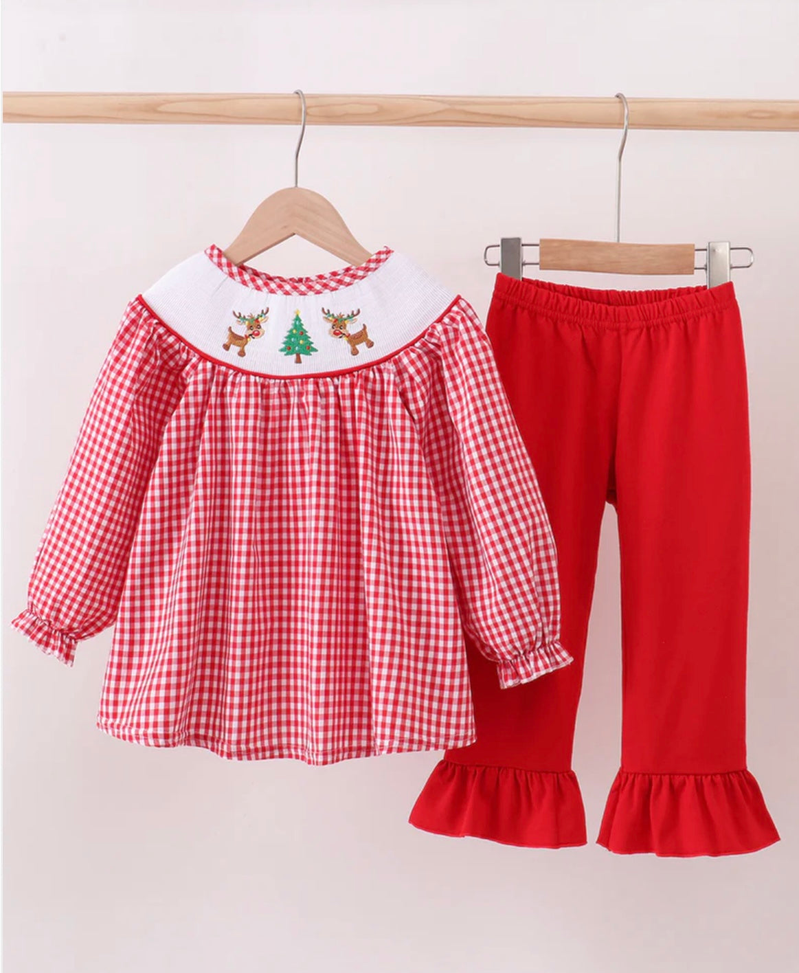 Red Woven Christmas Tree Reindeer Pants Set